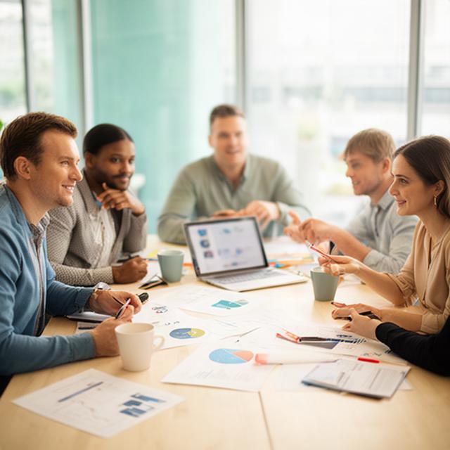 Equipo de consultoría reunido alrededor de una mesa de trabajo luminosa en Camas, revisando indicadores empresariales